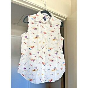 Lands’ End Sleeveless No Iron Supima Cotton Shirt Beach Print Sz 12